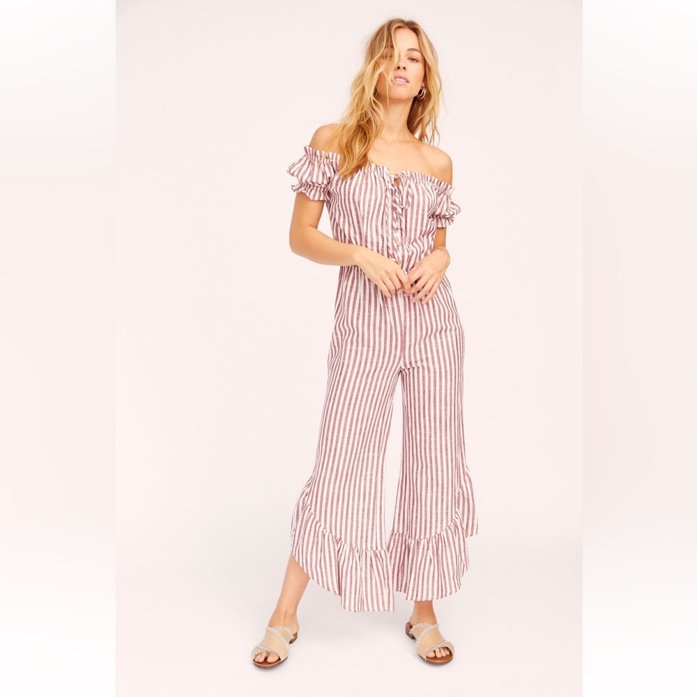 Moon River Free People Off-Shoulder Pink and White Striped Jumpsuit